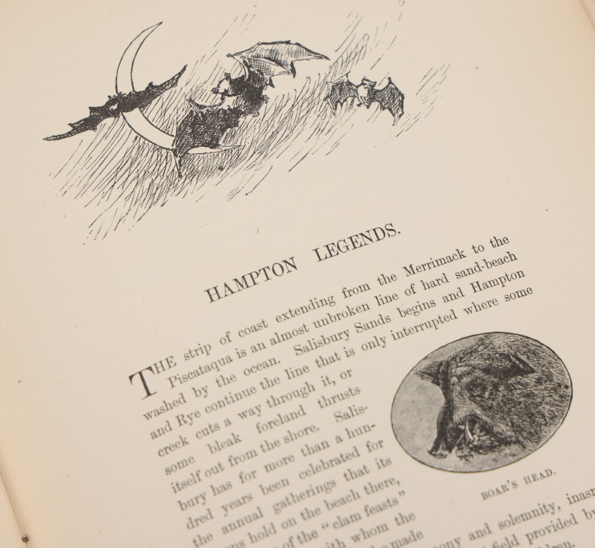 Lot 001 - "New England Legends And Folk Lore In Prose And Poetry" Antique Book By Samuel Adams Drake, Illustrated By F.T. Merrill With Witches On Broomsticks On Cover, Roberts Brothers, Publishers, Boston, 1884, Note Tape On Spine