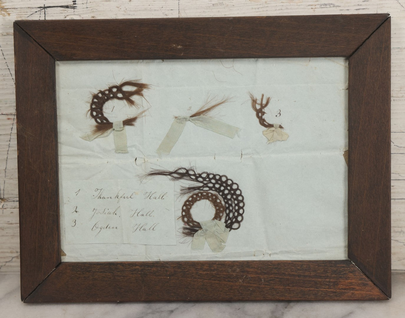 Lot 002 - Antique Victorian Hair Memento Scrap Page With Four Pieces Of Hair Work And Identification Legend, Hair Of Thankful, Josiah, And Ogden Hall, In Frame, 9-3/4" x 7-1/2"