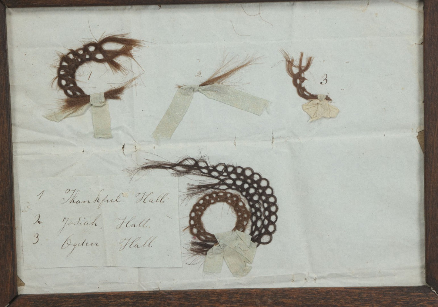 Lot 002 - Antique Victorian Hair Memento Scrap Page With Four Pieces Of Hair Work And Identification Legend, Hair Of Thankful, Josiah, And Ogden Hall, In Frame, 9-3/4" x 7-1/2"