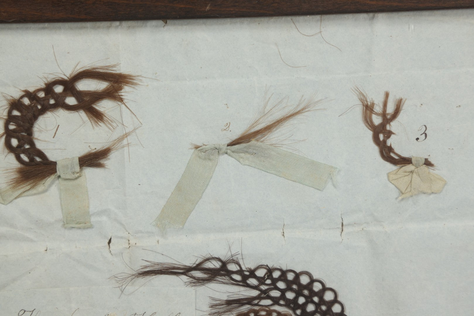 Lot 002 - Antique Victorian Hair Memento Scrap Page With Four Pieces Of Hair Work And Identification Legend, Hair Of Thankful, Josiah, And Ogden Hall, In Frame, 9-3/4" x 7-1/2"