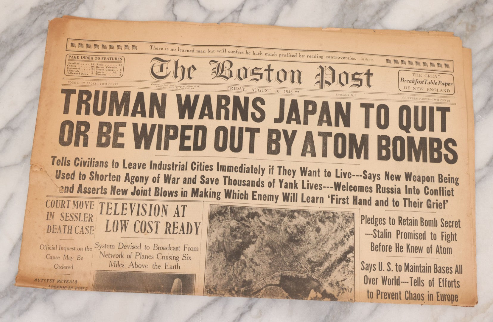 Lot 119 - Grouping Of Six World War Two Era Newspapers From The Boston Metro Area Reporting On Events From During And After The War Against Both The Germans And Japanese, With August 1945 Reporting On Use Of Atom Bomb, Dated 1942 Through 1945