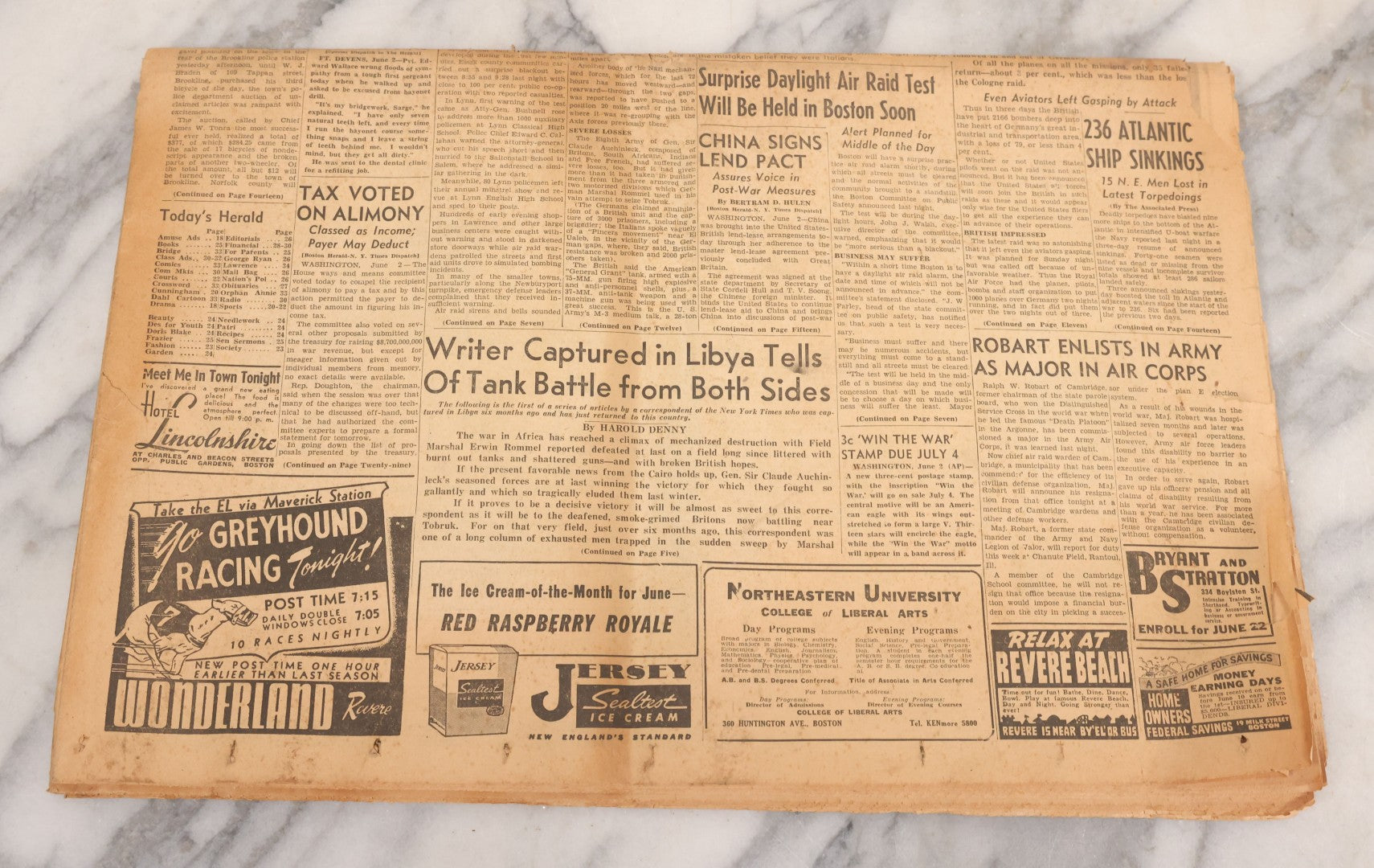 Lot 119 - Grouping Of Six World War Two Era Newspapers From The Boston Metro Area Reporting On Events From During And After The War Against Both The Germans And Japanese, With August 1945 Reporting On Use Of Atom Bomb, Dated 1942 Through 1945