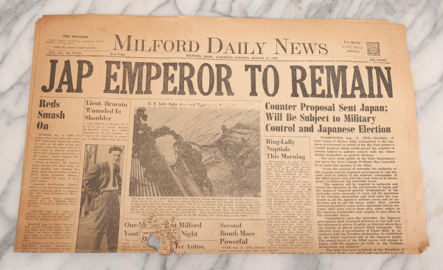 Lot 119 - Grouping Of Six World War Two Era Newspapers From The Boston Metro Area Reporting On Events From During And After The War Against Both The Germans And Japanese, With August 1945 Reporting On Use Of Atom Bomb, Dated 1942 Through 1945