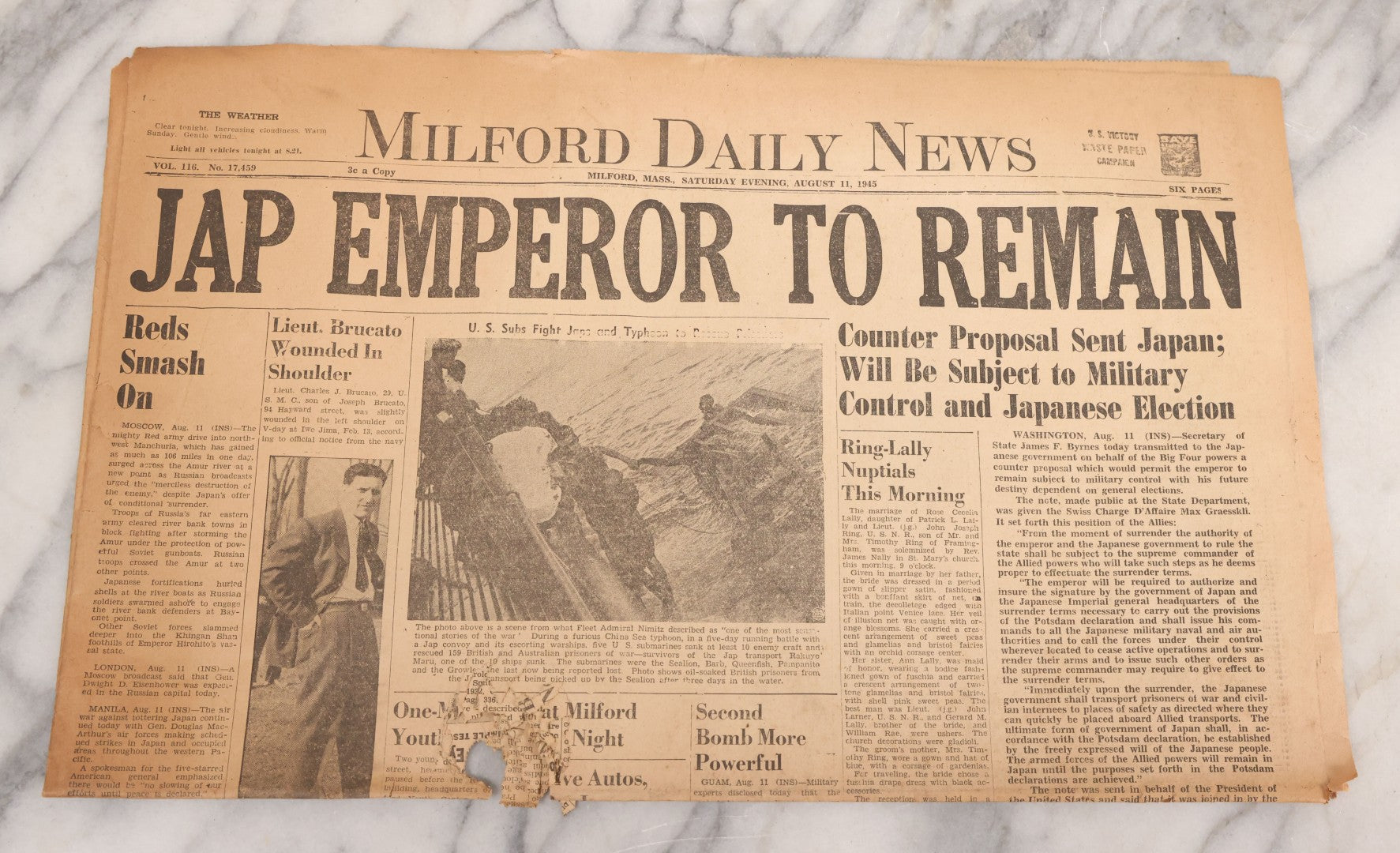 Lot 119 - Grouping Of Six World War Two Era Newspapers From The Boston Metro Area Reporting On Events From During And After The War Against Both The Germans And Japanese, With August 1945 Reporting On Use Of Atom Bomb, Dated 1942 Through 1945