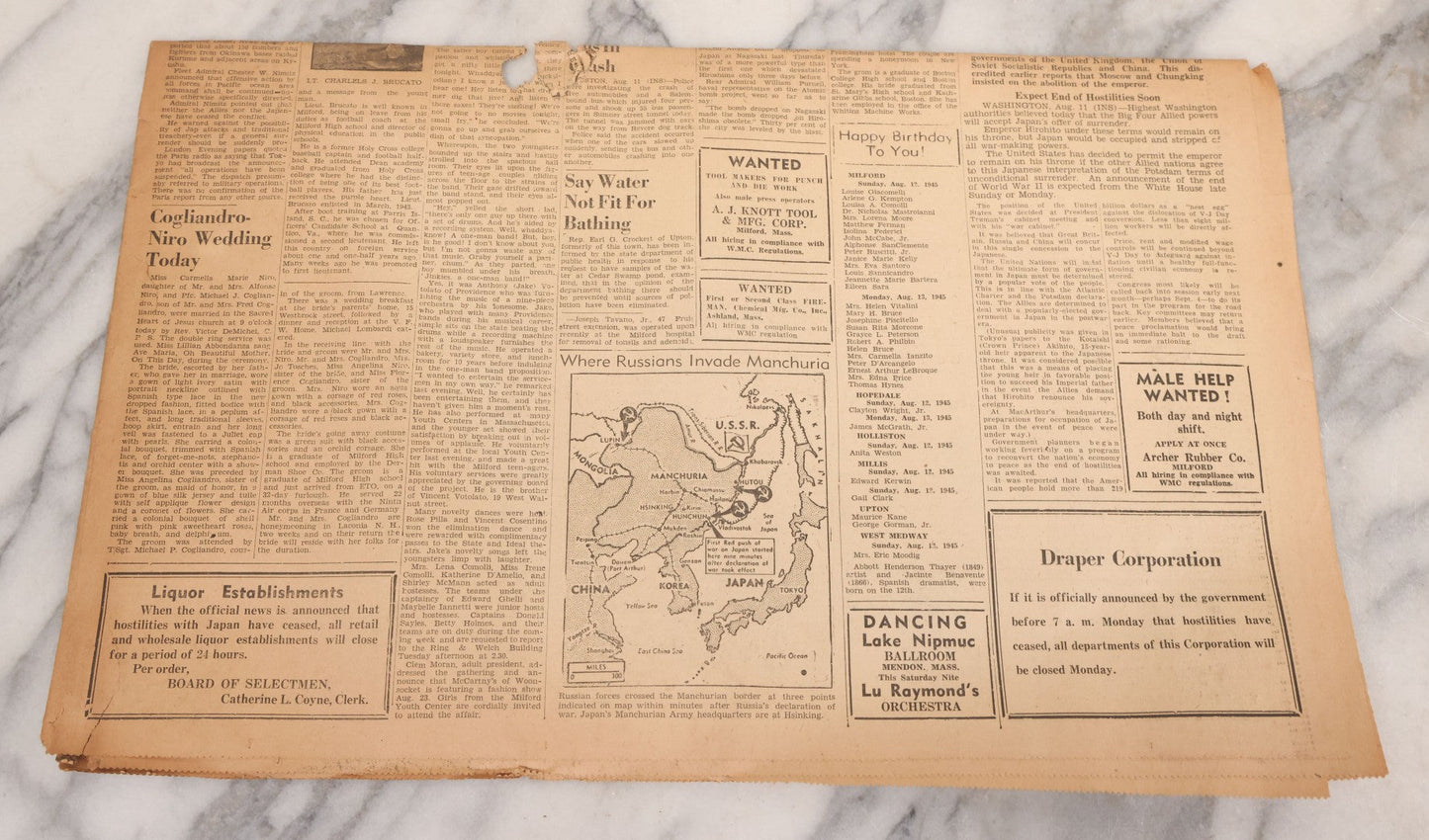 Lot 119 - Grouping Of Six World War Two Era Newspapers From The Boston Metro Area Reporting On Events From During And After The War Against Both The Germans And Japanese, With August 1945 Reporting On Use Of Atom Bomb, Dated 1942 Through 1945