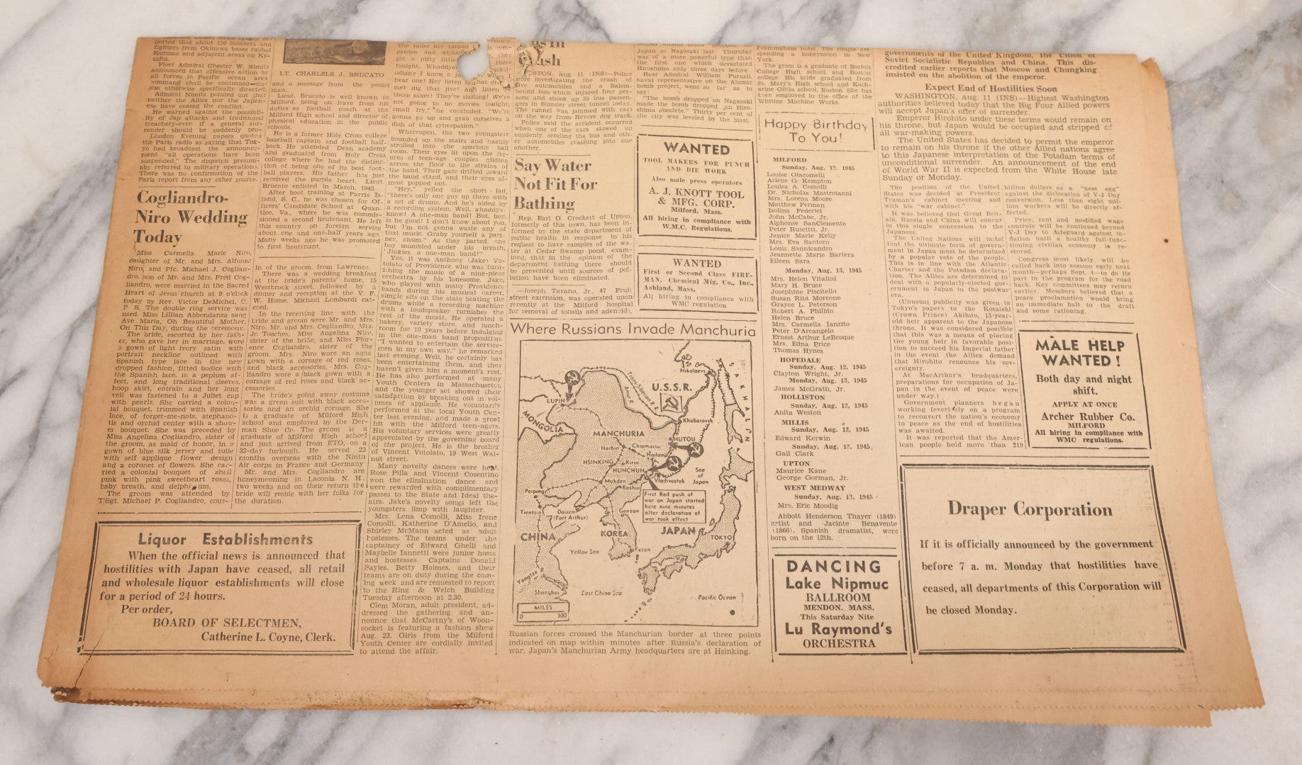 Lot 119 - Grouping Of Six World War Two Era Newspapers From The Boston Metro Area Reporting On Events From During And After The War Against Both The Germans And Japanese, With August 1945 Reporting On Use Of Atom Bomb, Dated 1942 Through 1945