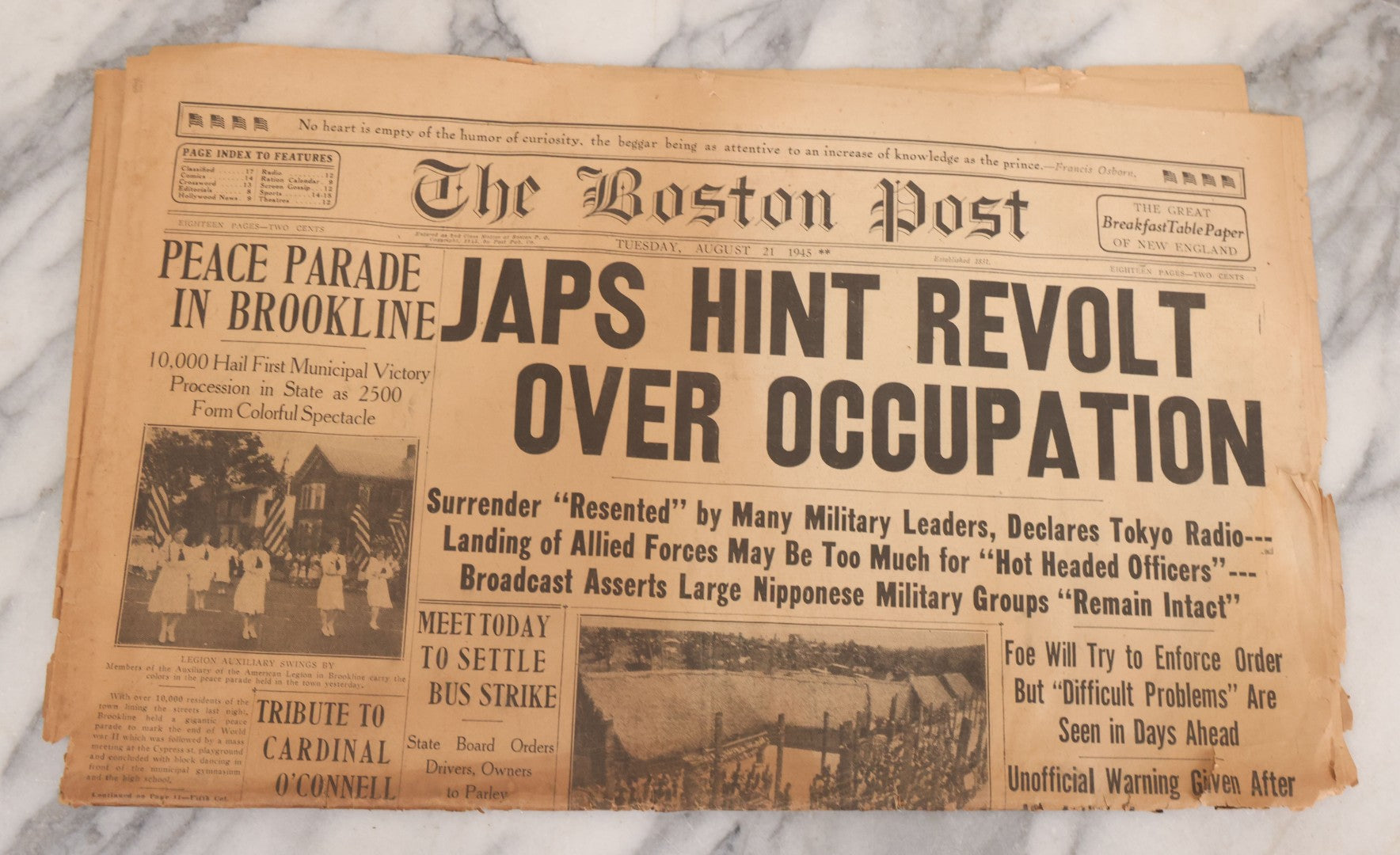 Lot 119 - Grouping Of Six World War Two Era Newspapers From The Boston Metro Area Reporting On Events From During And After The War Against Both The Germans And Japanese, With August 1945 Reporting On Use Of Atom Bomb, Dated 1942 Through 1945