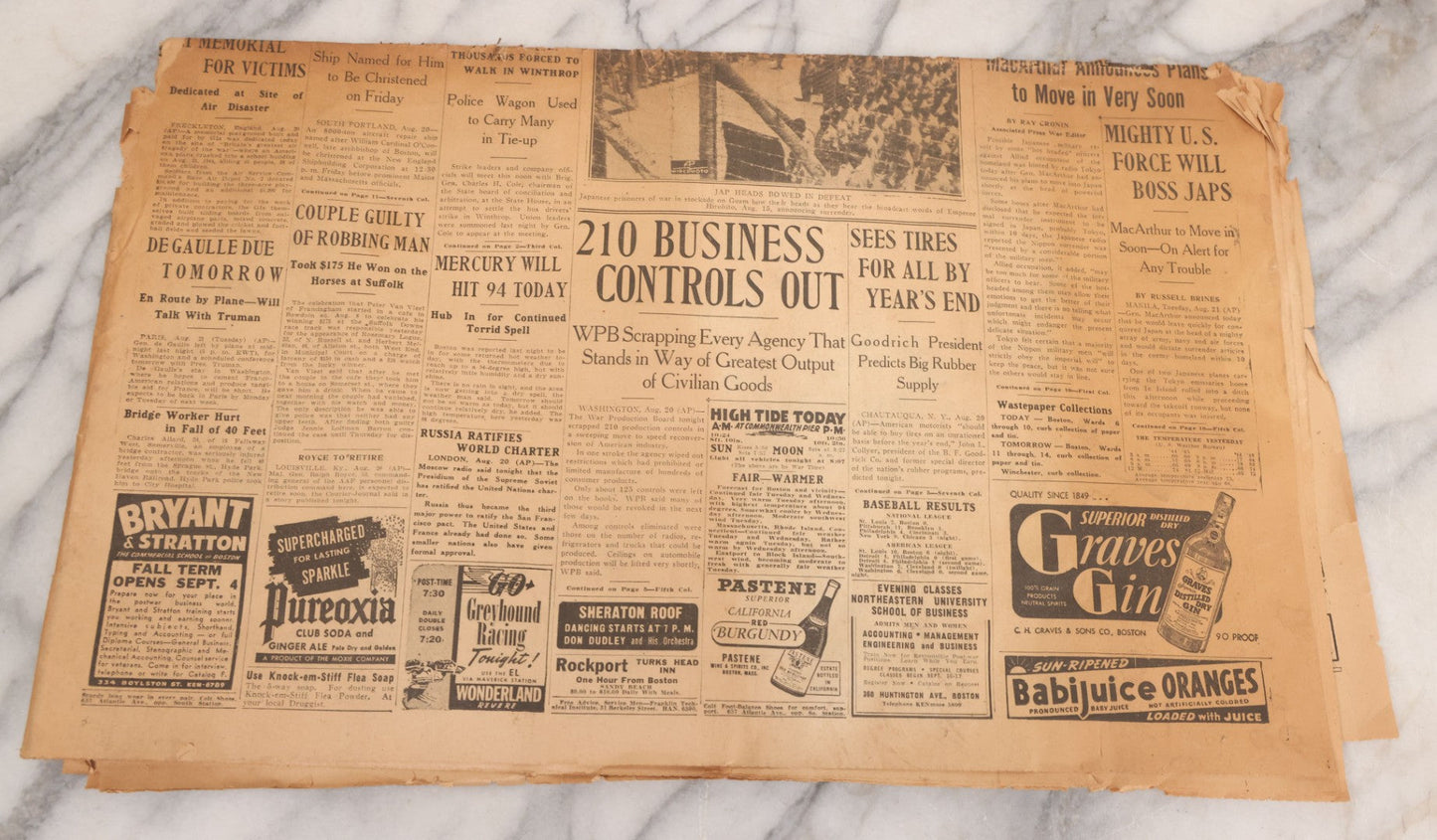 Lot 119 - Grouping Of Six World War Two Era Newspapers From The Boston Metro Area Reporting On Events From During And After The War Against Both The Germans And Japanese, With August 1945 Reporting On Use Of Atom Bomb, Dated 1942 Through 1945
