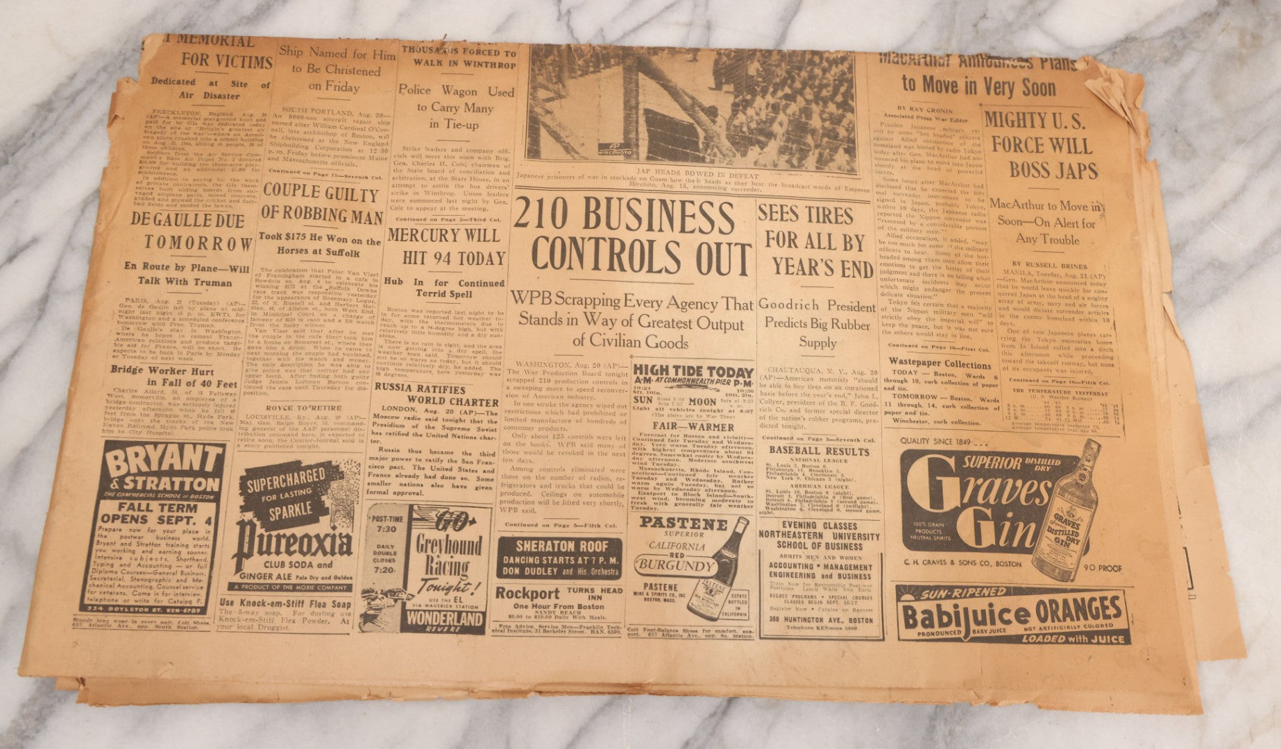 Lot 119 - Grouping Of Six World War Two Era Newspapers From The Boston Metro Area Reporting On Events From During And After The War Against Both The Germans And Japanese, With August 1945 Reporting On Use Of Atom Bomb, Dated 1942 Through 1945