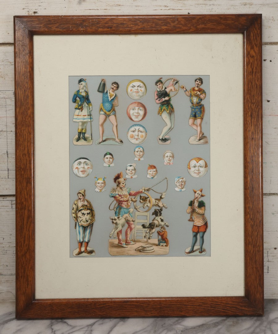 Lot 005 - Antique Framed Clown Die Cut Scrap Assemblage With 19 Pieces, Original Victorian Scraps In Frame As Found, Arrangement Appears To Be An Original Antique, 18-3/8" x 22-3/8"