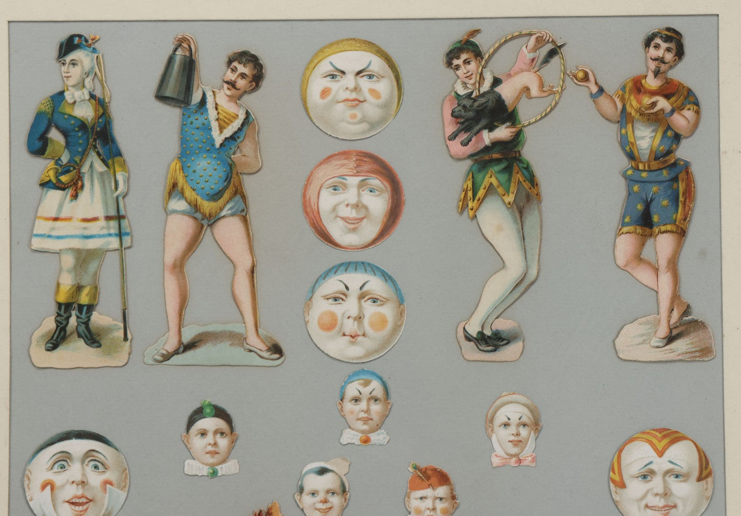 Lot 005 - Antique Framed Clown Die Cut Scrap Assemblage With 19 Pieces, Original Victorian Scraps In Frame As Found, Arrangement Appears To Be An Original Antique, 18-3/8" x 22-3/8"