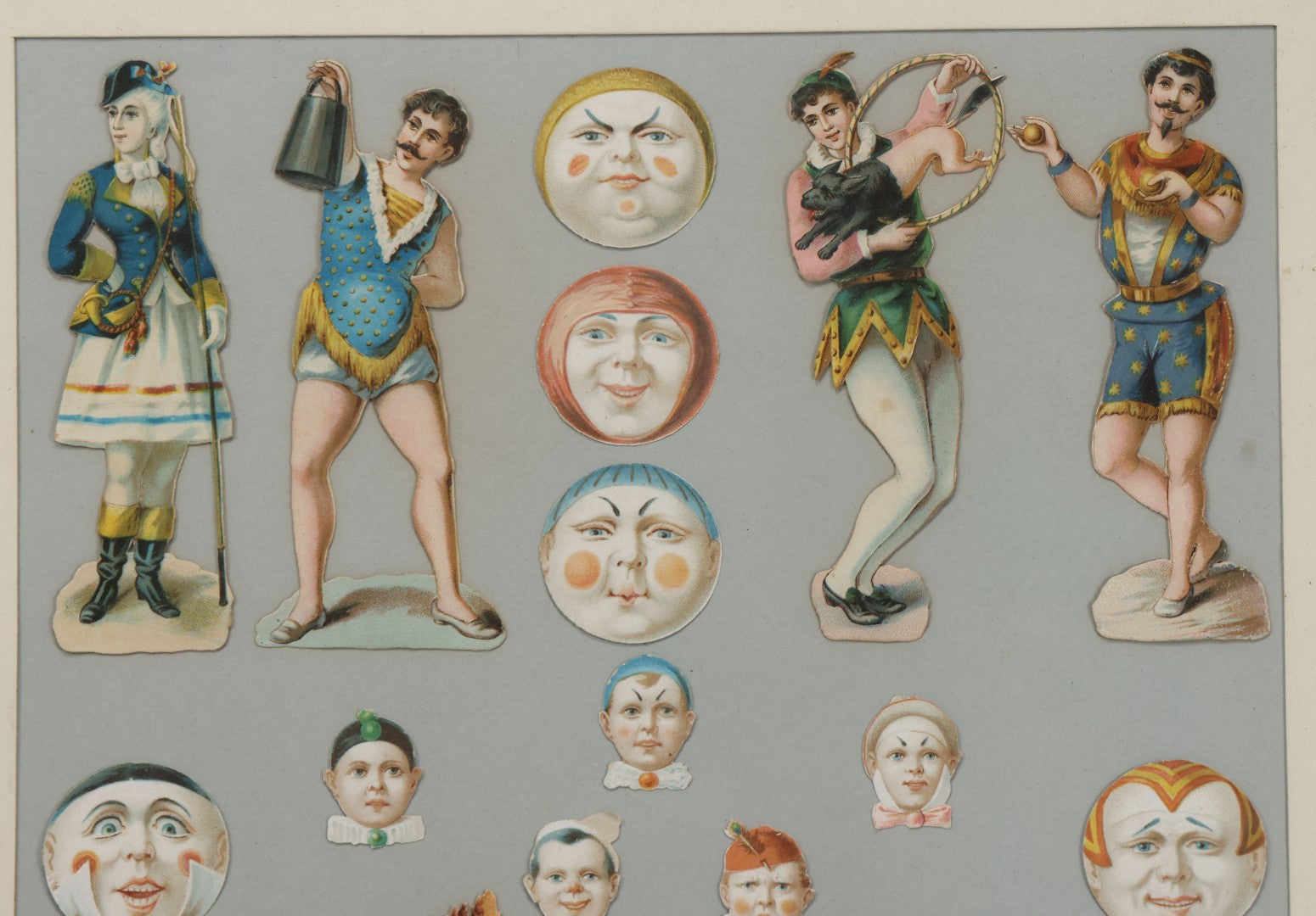 Lot 005 - Antique Framed Clown Die Cut Scrap Assemblage With 19 Pieces, Original Victorian Scraps In Frame As Found, Arrangement Appears To Be An Original Antique, 18-3/8" x 22-3/8"