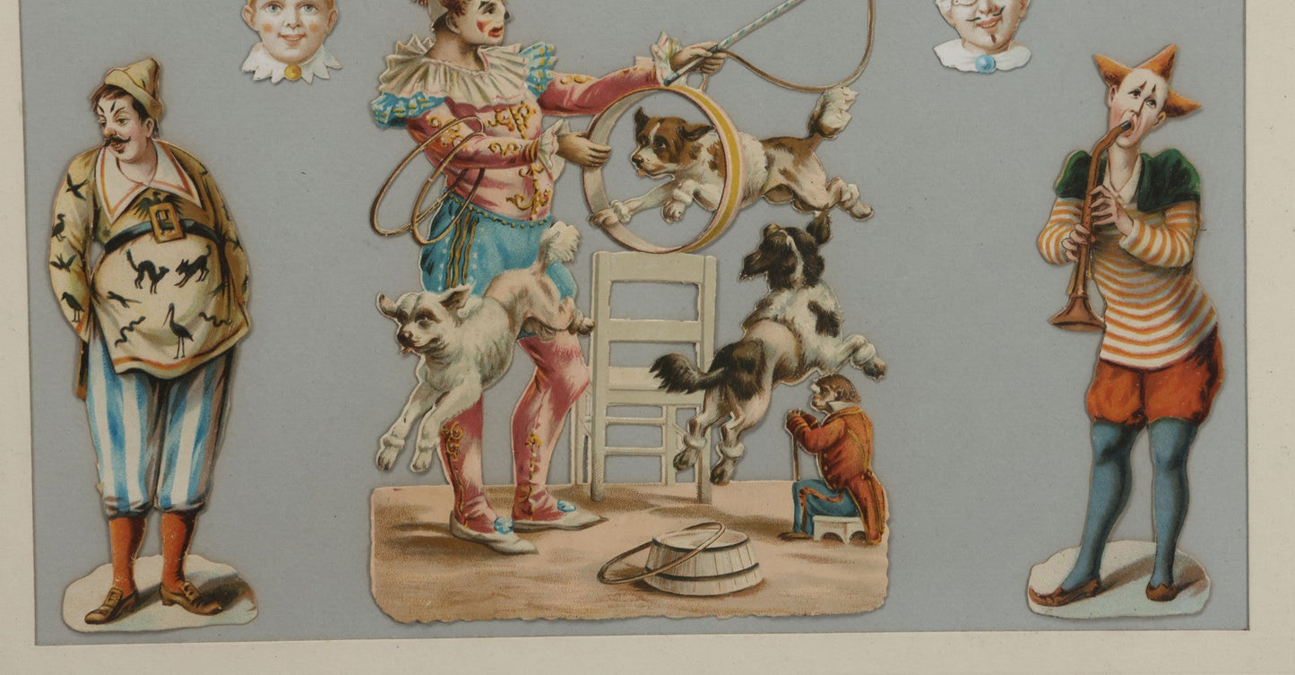 Lot 005 - Antique Framed Clown Die Cut Scrap Assemblage With 19 Pieces, Original Victorian Scraps In Frame As Found, Arrangement Appears To Be An Original Antique, 18-3/8" x 22-3/8"