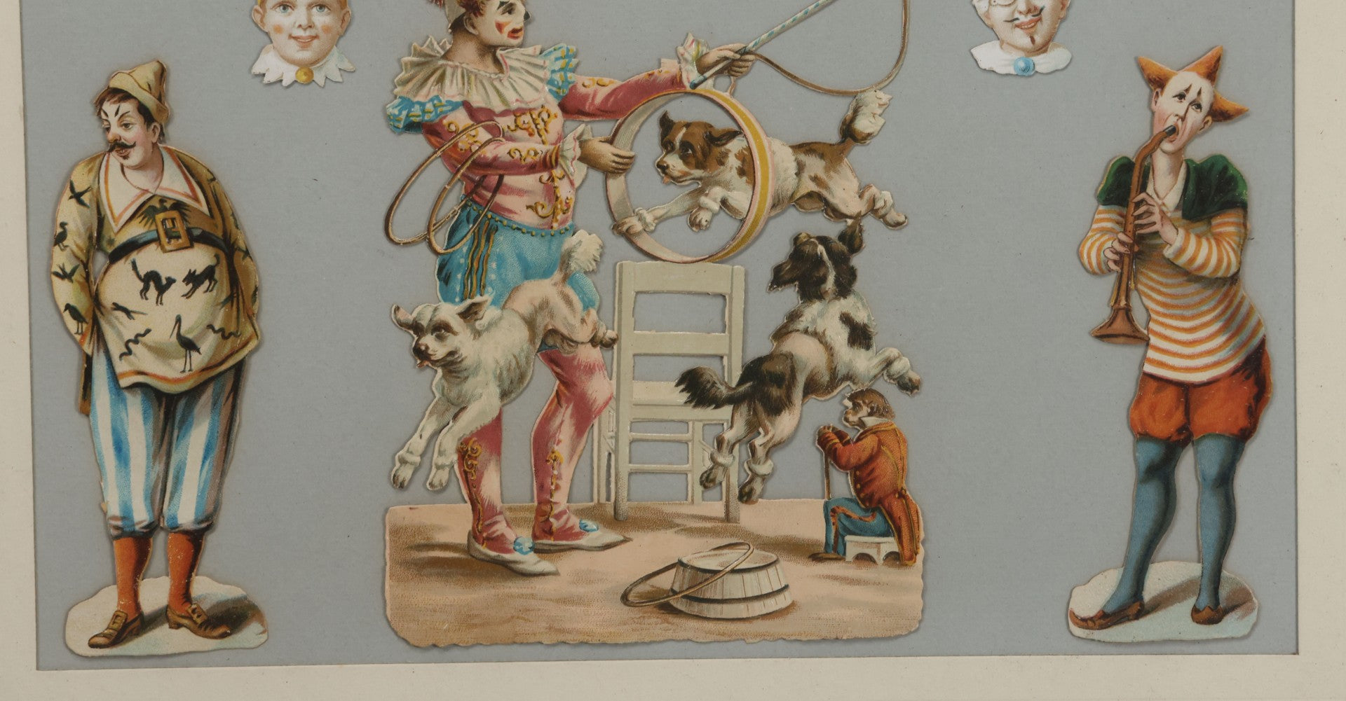 Lot 005 - Antique Framed Clown Die Cut Scrap Assemblage With 19 Pieces, Original Victorian Scraps In Frame As Found, Arrangement Appears To Be An Original Antique, 18-3/8" x 22-3/8"