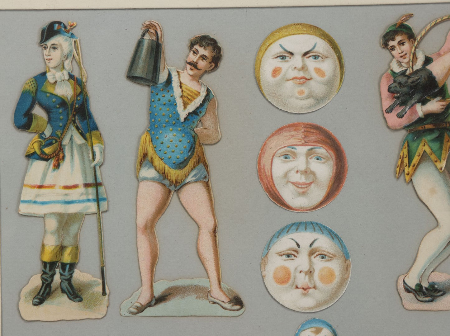 Lot 005 - Antique Framed Clown Die Cut Scrap Assemblage With 19 Pieces, Original Victorian Scraps In Frame As Found, Arrangement Appears To Be An Original Antique, 18-3/8" x 22-3/8"