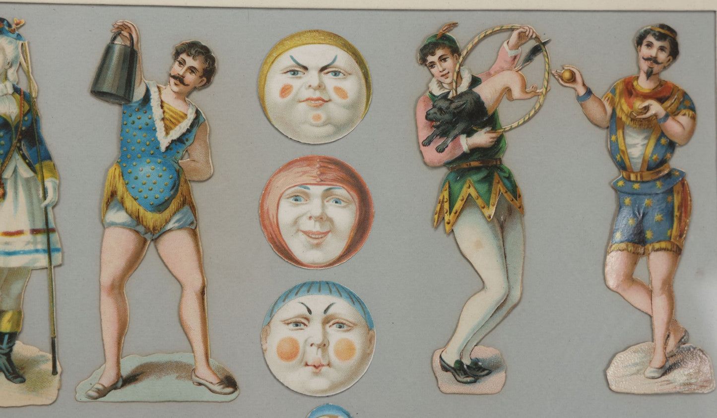 Lot 005 - Antique Framed Clown Die Cut Scrap Assemblage With 19 Pieces, Original Victorian Scraps In Frame As Found, Arrangement Appears To Be An Original Antique, 18-3/8" x 22-3/8"