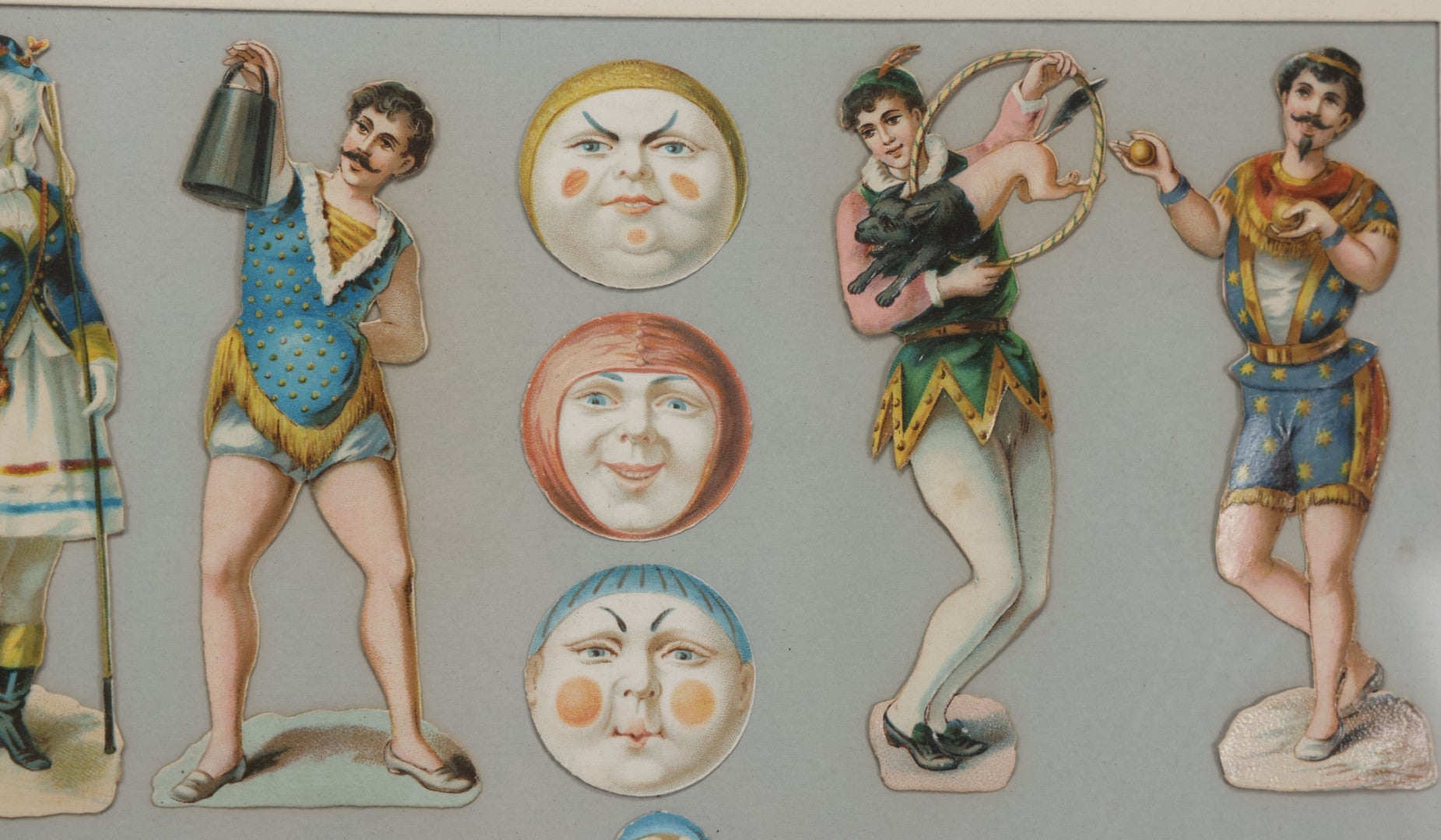 Lot 005 - Antique Framed Clown Die Cut Scrap Assemblage With 19 Pieces, Original Victorian Scraps In Frame As Found, Arrangement Appears To Be An Original Antique, 18-3/8" x 22-3/8"