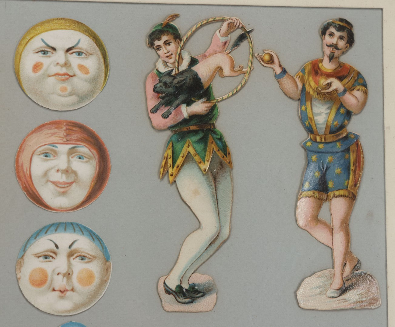 Lot 005 - Antique Framed Clown Die Cut Scrap Assemblage With 19 Pieces, Original Victorian Scraps In Frame As Found, Arrangement Appears To Be An Original Antique, 18-3/8" x 22-3/8"