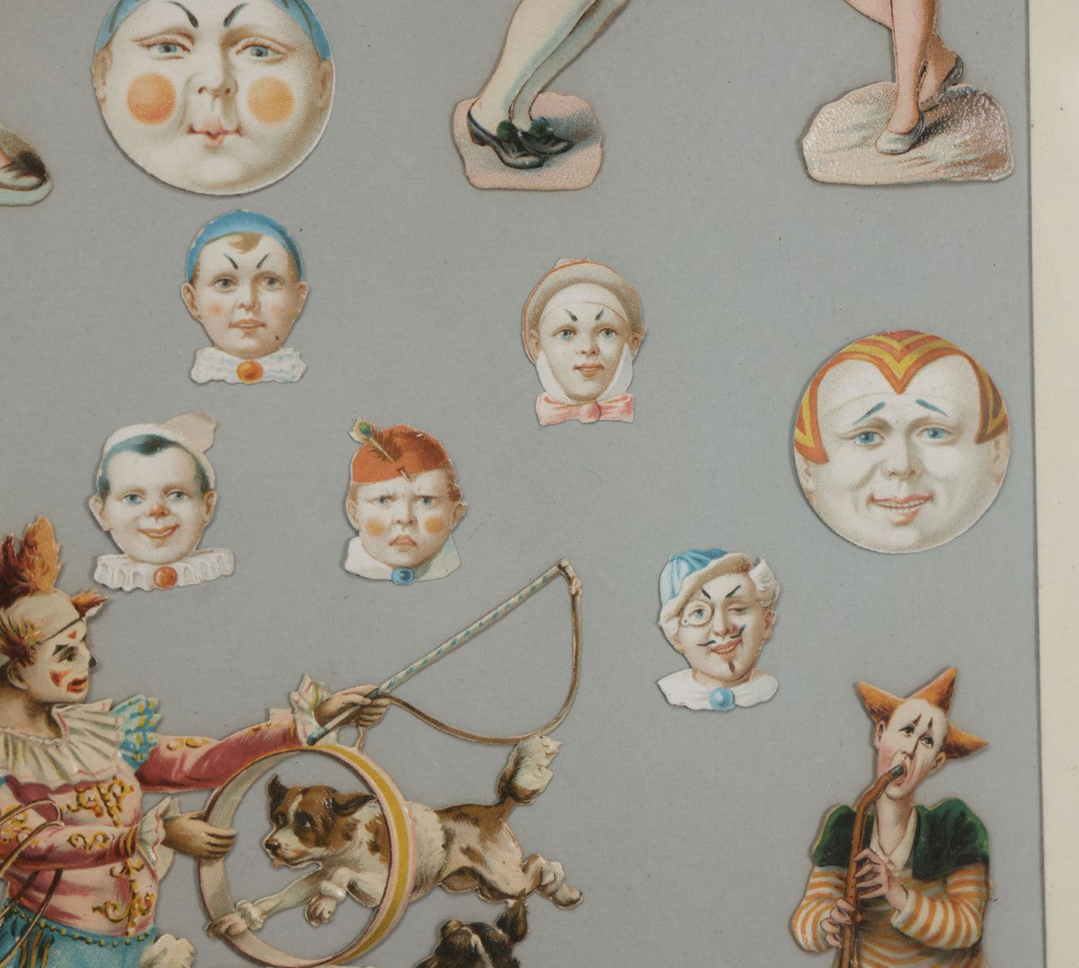 Lot 005 - Antique Framed Clown Die Cut Scrap Assemblage With 19 Pieces, Original Victorian Scraps In Frame As Found, Arrangement Appears To Be An Original Antique, 18-3/8" x 22-3/8"