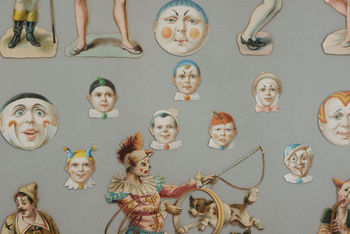 Lot 005 - Antique Framed Clown Die Cut Scrap Assemblage With 19 Pieces, Original Victorian Scraps In Frame As Found, Arrangement Appears To Be An Original Antique, 18-3/8" x 22-3/8"