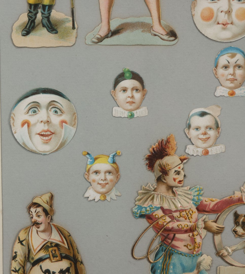 Lot 005 - Antique Framed Clown Die Cut Scrap Assemblage With 19 Pieces, Original Victorian Scraps In Frame As Found, Arrangement Appears To Be An Original Antique, 18-3/8" x 22-3/8"