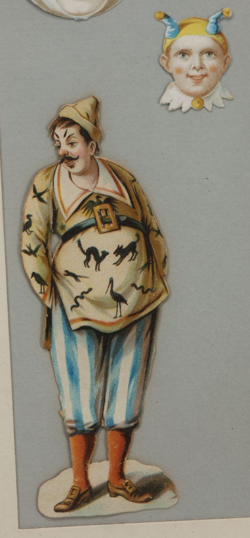 Lot 005 - Antique Framed Clown Die Cut Scrap Assemblage With 19 Pieces, Original Victorian Scraps In Frame As Found, Arrangement Appears To Be An Original Antique, 18-3/8" x 22-3/8"