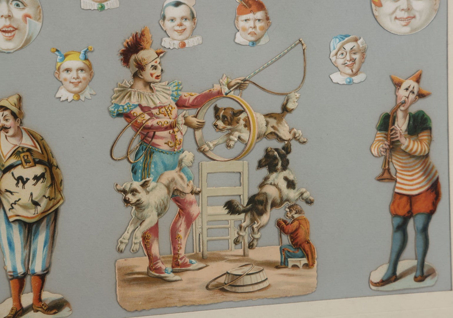 Lot 005 - Antique Framed Clown Die Cut Scrap Assemblage With 19 Pieces, Original Victorian Scraps In Frame As Found, Arrangement Appears To Be An Original Antique, 18-3/8" x 22-3/8"