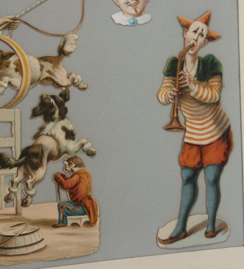 Lot 005 - Antique Framed Clown Die Cut Scrap Assemblage With 19 Pieces, Original Victorian Scraps In Frame As Found, Arrangement Appears To Be An Original Antique, 18-3/8" x 22-3/8"