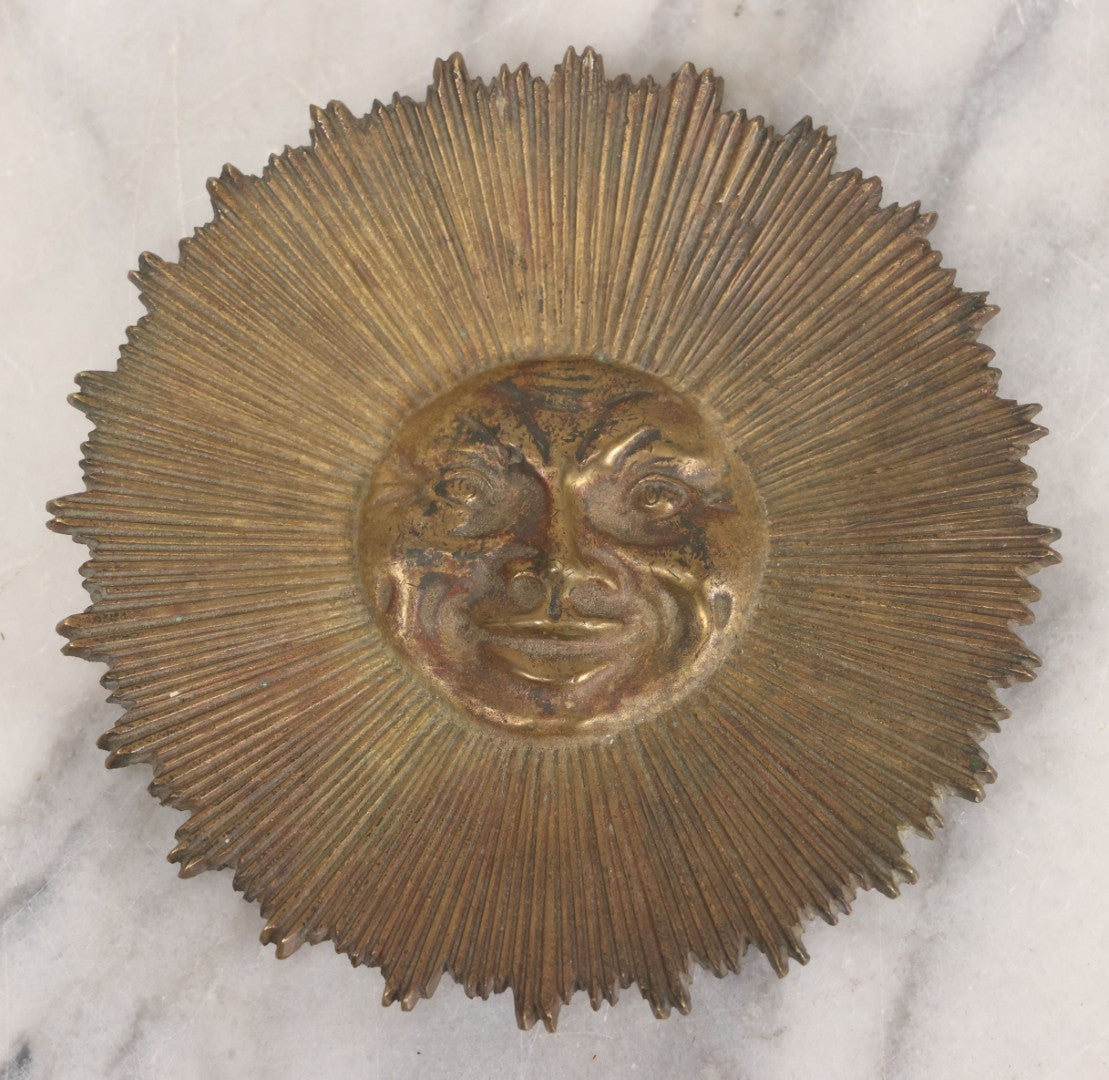 Lot 006 - Vintage Cast Brass Moon Man Face Trinket Dish With Surrounding Starburst Design, 5-1/2" Diameter
