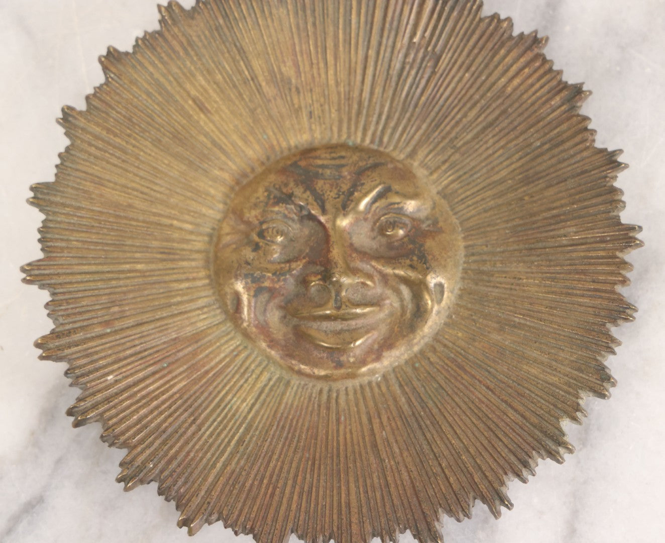 Lot 006 - Vintage Cast Brass Moon Man Face Trinket Dish With Surrounding Starburst Design, 5-1/2" Diameter