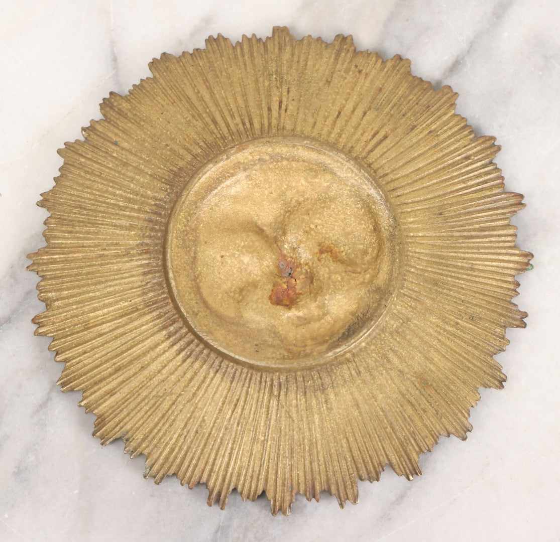 Lot 006 - Vintage Cast Brass Moon Man Face Trinket Dish With Surrounding Starburst Design, 5-1/2" Diameter