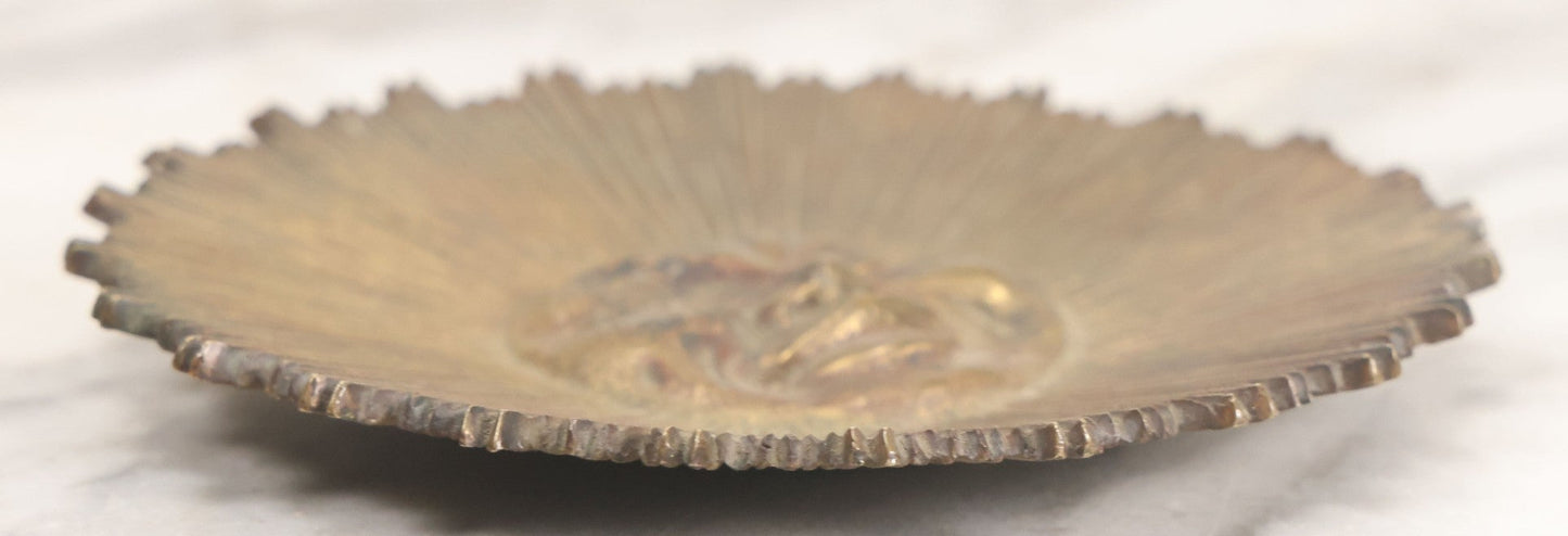 Lot 006 - Vintage Cast Brass Moon Man Face Trinket Dish With Surrounding Starburst Design, 5-1/2" Diameter