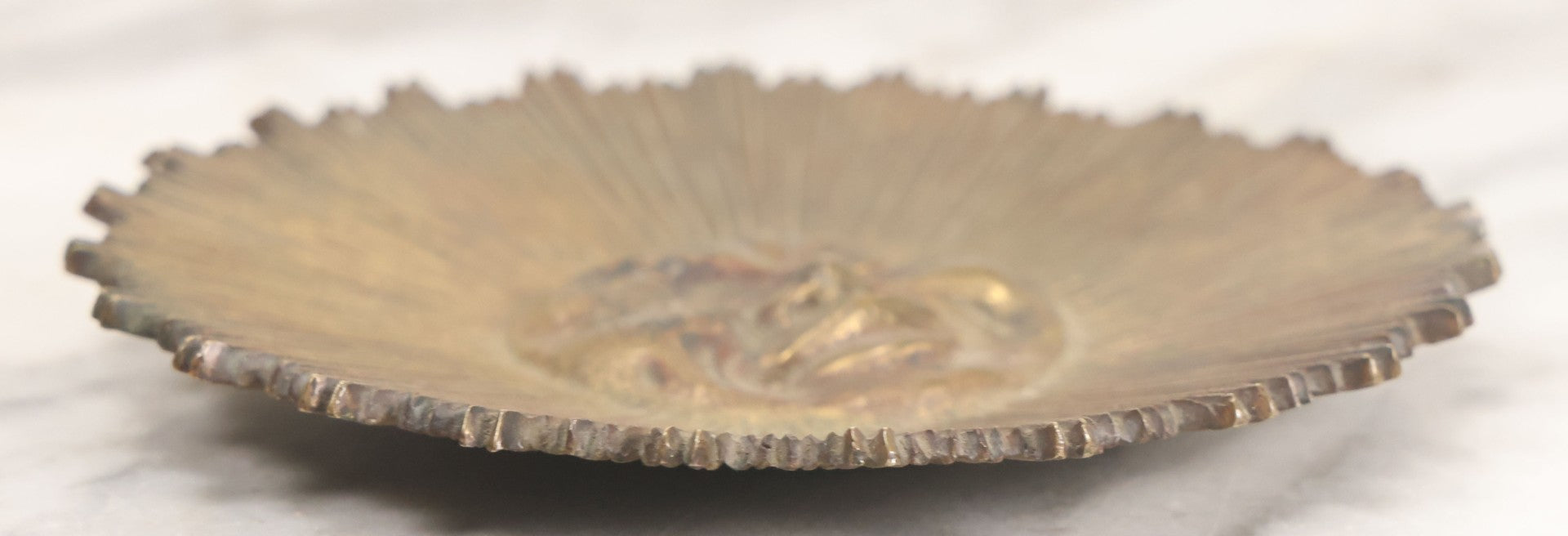 Lot 006 - Vintage Cast Brass Moon Man Face Trinket Dish With Surrounding Starburst Design, 5-1/2" Diameter