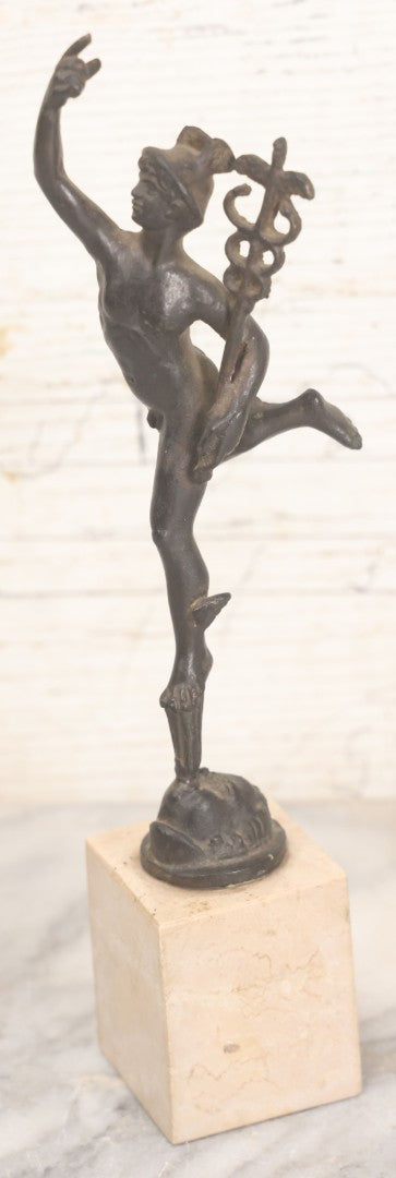 Lot 007 - Vintage Miniature Cast Iron Hermes Greek God Statue, After Giambologna, On Cut Stone Base, 9-1/8" Height