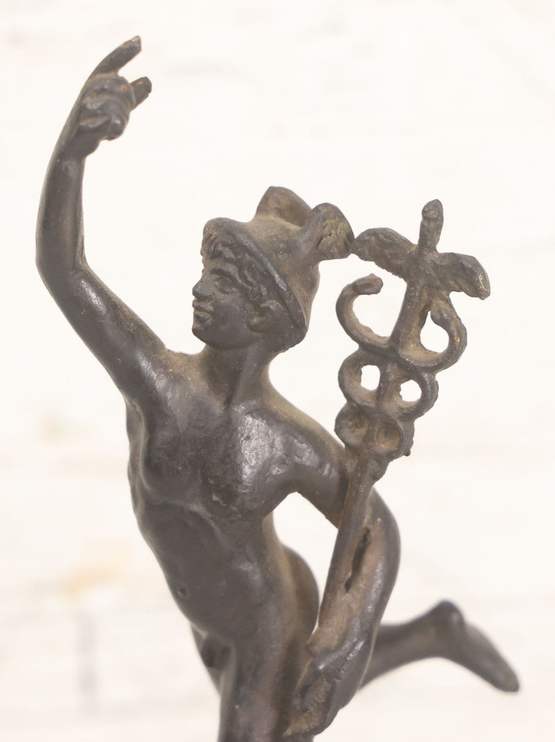 Lot 007 - Vintage Miniature Cast Iron Hermes Greek God Statue, After Giambologna, On Cut Stone Base, 9-1/8" Height