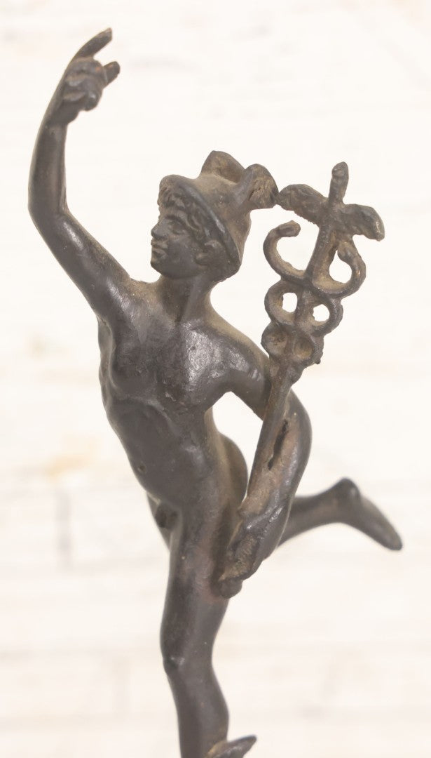 Lot 007 - Vintage Miniature Cast Iron Hermes Greek God Statue, After Giambologna, On Cut Stone Base, 9-1/8" Height
