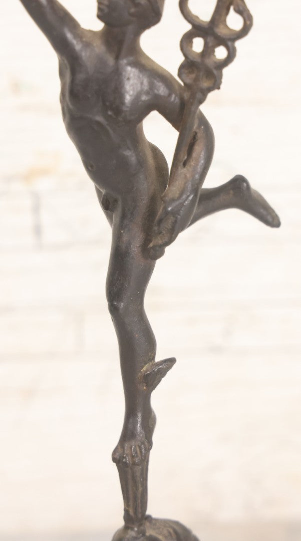 Lot 007 - Vintage Miniature Cast Iron Hermes Greek God Statue, After Giambologna, On Cut Stone Base, 9-1/8" Height