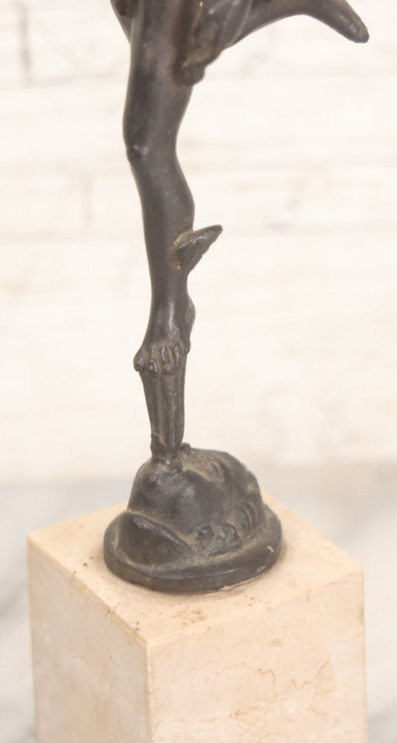 Lot 007 - Vintage Miniature Cast Iron Hermes Greek God Statue, After Giambologna, On Cut Stone Base, 9-1/8" Height