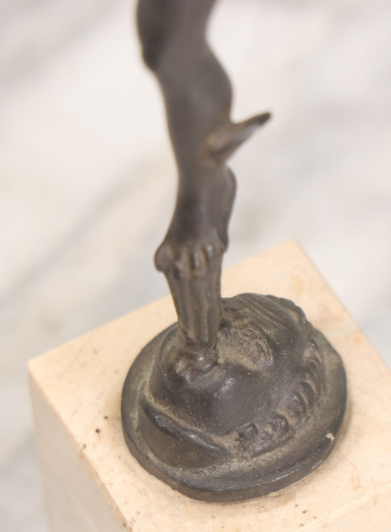 Lot 007 - Vintage Miniature Cast Iron Hermes Greek God Statue, After Giambologna, On Cut Stone Base, 9-1/8" Height