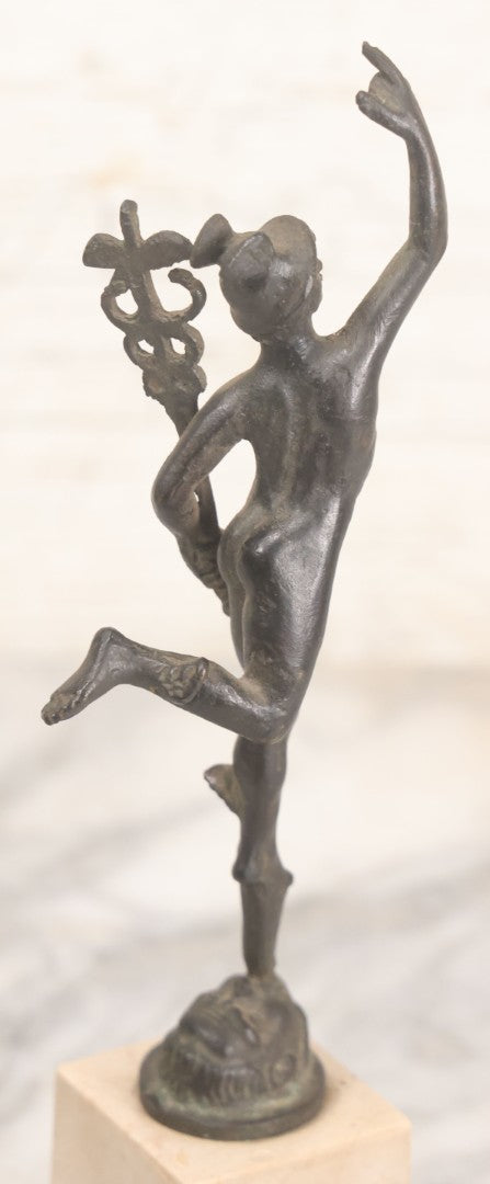 Lot 007 - Vintage Miniature Cast Iron Hermes Greek God Statue, After Giambologna, On Cut Stone Base, 9-1/8" Height