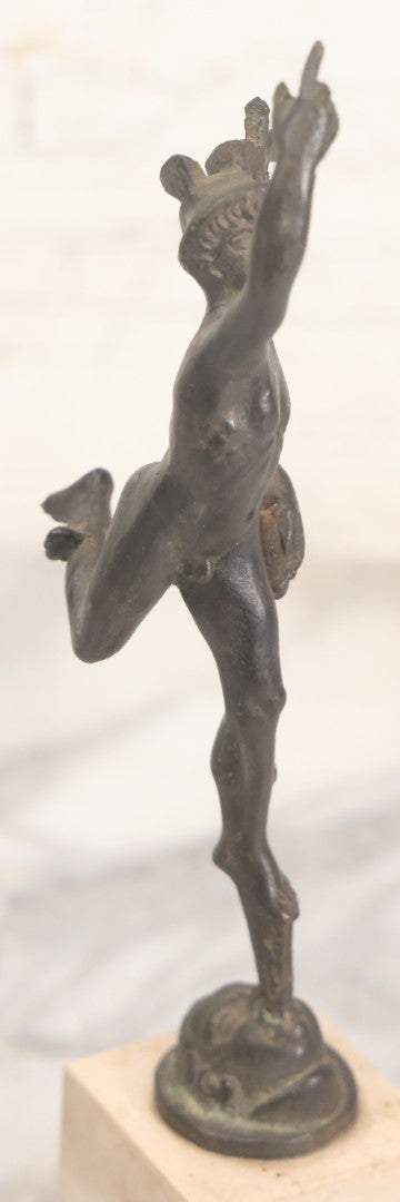 Lot 007 - Vintage Miniature Cast Iron Hermes Greek God Statue, After Giambologna, On Cut Stone Base, 9-1/8" Height