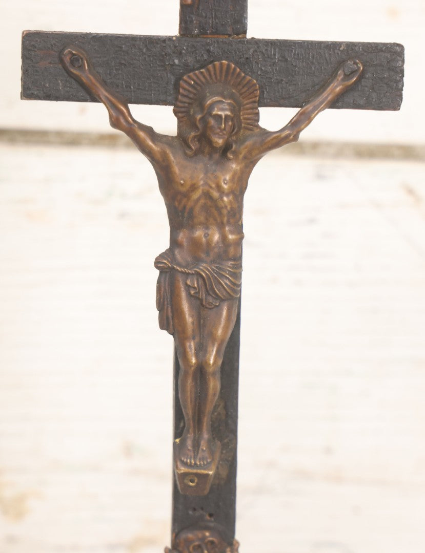 Lot 008 - Antique Wooden Crucifix With Pressed Brass Jesus, Skull Of Adam Skull And Crossbones, And Miniature St. Catharina Memento Shadow Box With Reverse Painted Glass, 11-1/8" Height