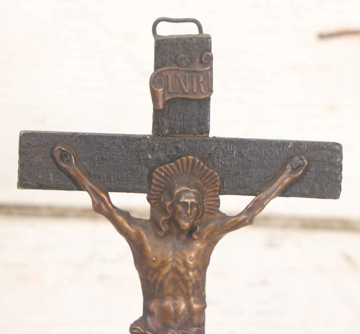 Lot 008 - Antique Wooden Crucifix With Pressed Brass Jesus, Skull Of Adam Skull And Crossbones, And Miniature St. Catharina Memento Shadow Box With Reverse Painted Glass, 11-1/8" Height
