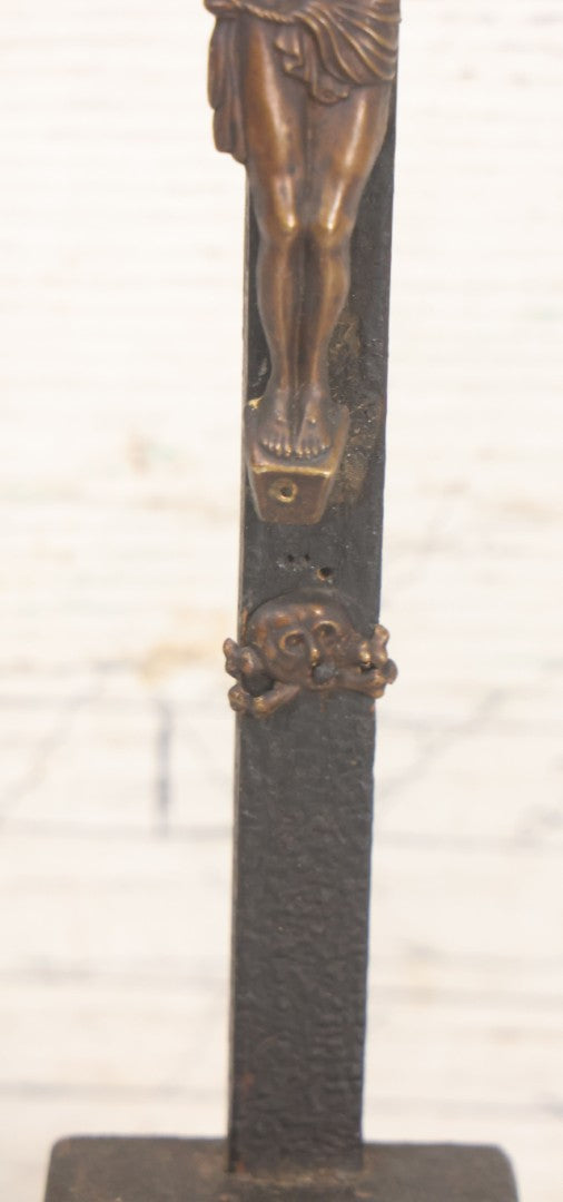 Lot 008 - Antique Wooden Crucifix With Pressed Brass Jesus, Skull Of Adam Skull And Crossbones, And Miniature St. Catharina Memento Shadow Box With Reverse Painted Glass, 11-1/8" Height