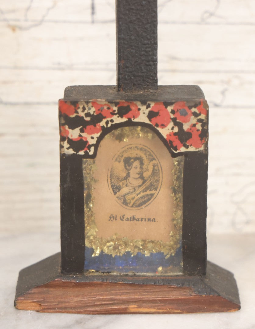 Lot 008 - Antique Wooden Crucifix With Pressed Brass Jesus, Skull Of Adam Skull And Crossbones, And Miniature St. Catharina Memento Shadow Box With Reverse Painted Glass, 11-1/8" Height
