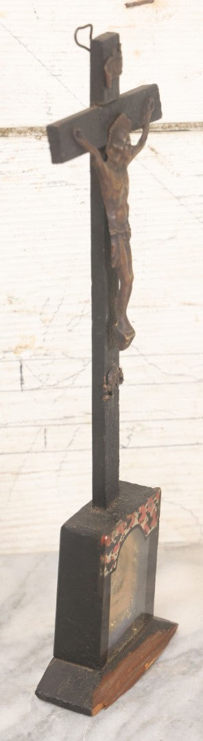 Lot 008 - Antique Wooden Crucifix With Pressed Brass Jesus, Skull Of Adam Skull And Crossbones, And Miniature St. Catharina Memento Shadow Box With Reverse Painted Glass, 11-1/8" Height