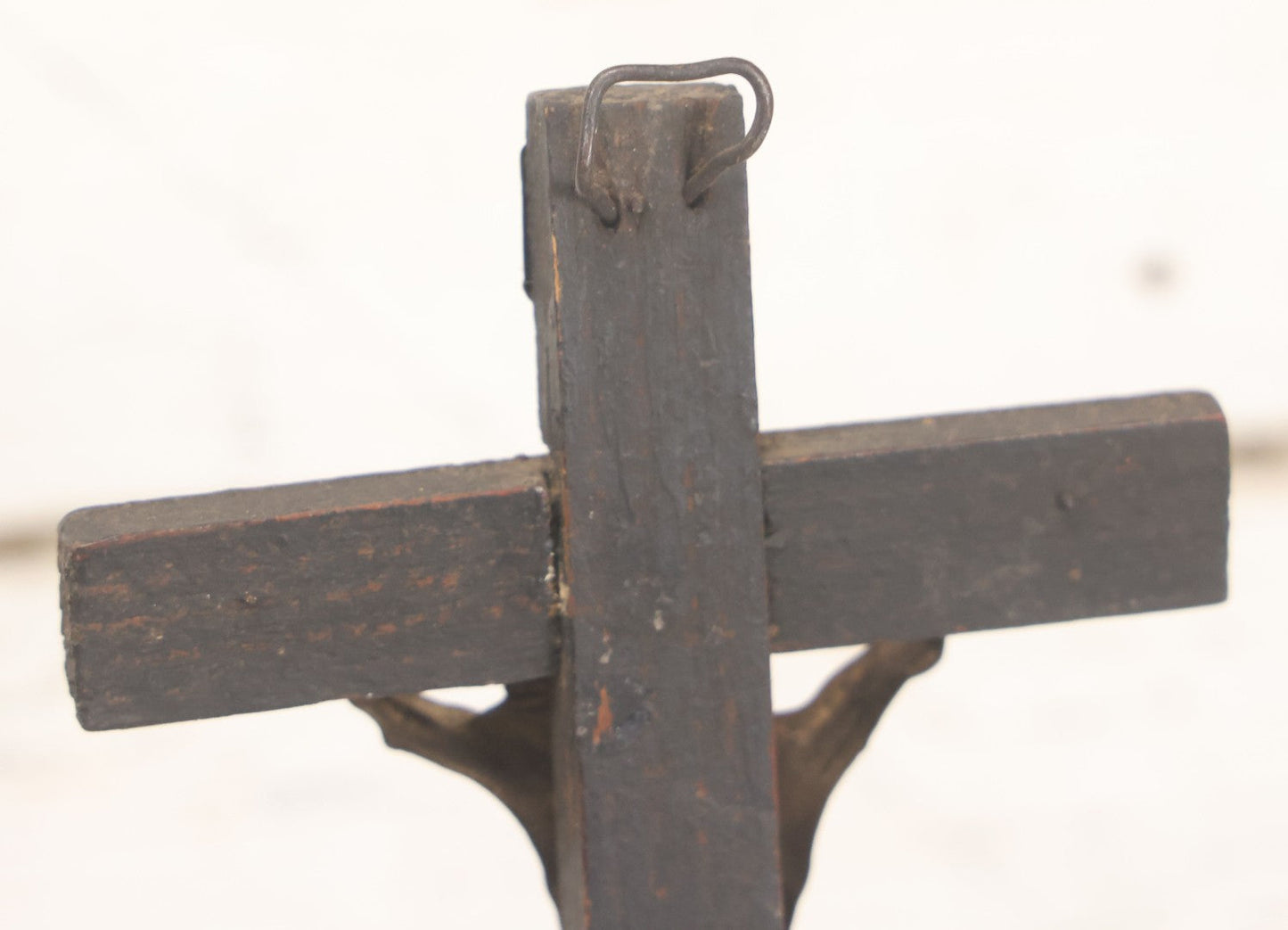 Lot 008 - Antique Wooden Crucifix With Pressed Brass Jesus, Skull Of Adam Skull And Crossbones, And Miniature St. Catharina Memento Shadow Box With Reverse Painted Glass, 11-1/8" Height