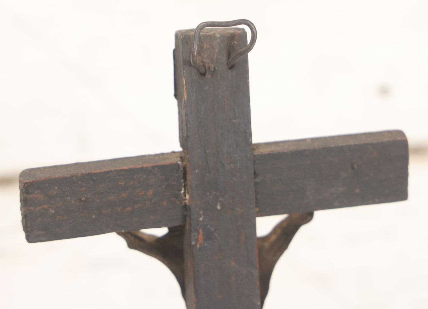 Lot 008 - Antique Wooden Crucifix With Pressed Brass Jesus, Skull Of Adam Skull And Crossbones, And Miniature St. Catharina Memento Shadow Box With Reverse Painted Glass, 11-1/8" Height