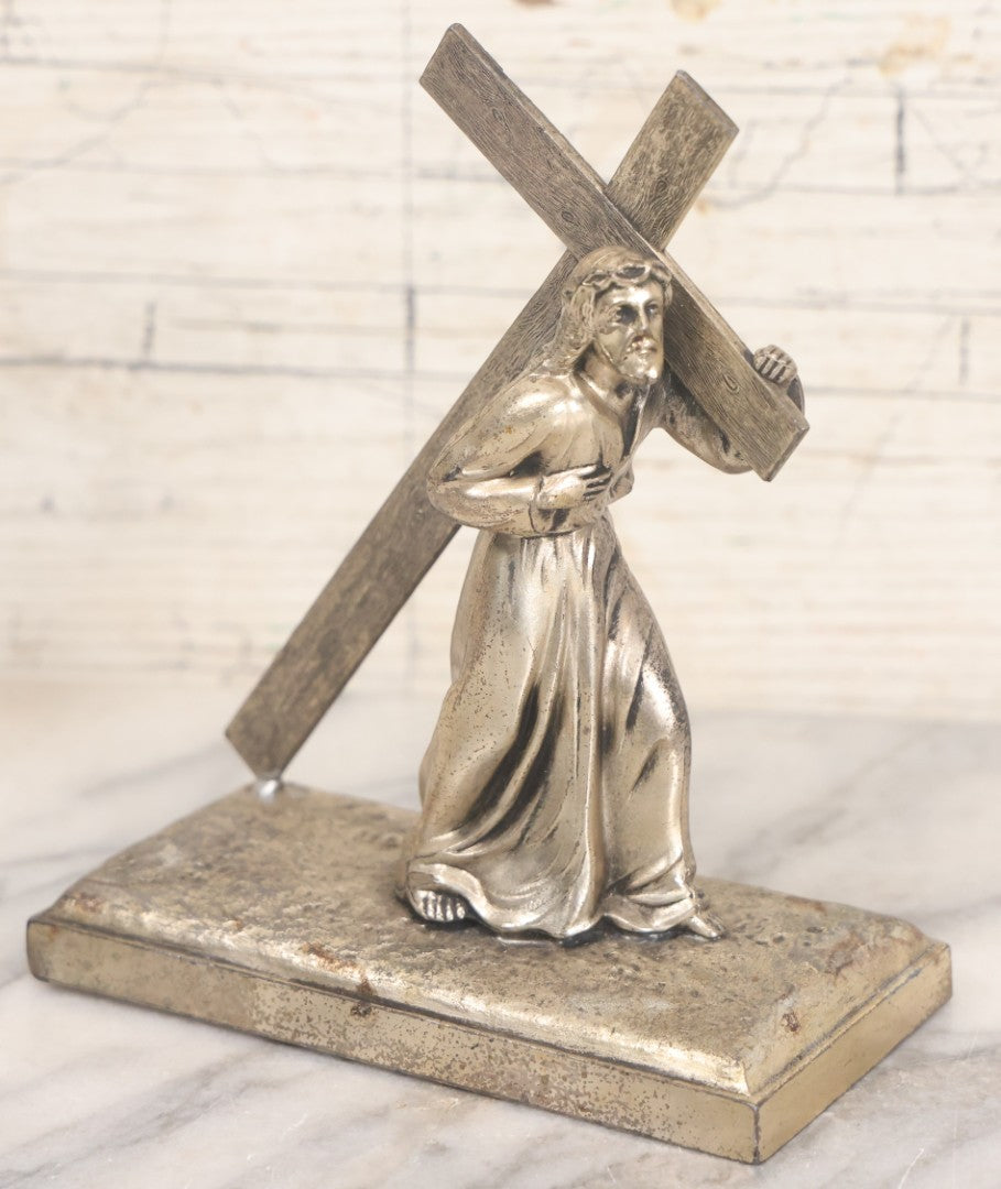 Lot 009 - Antique Devotional Metal Statue Of Jesus Christ Bearing The Cross With Silver Finish, Marked "Made In France," No. 2251, 5-5/8" Height