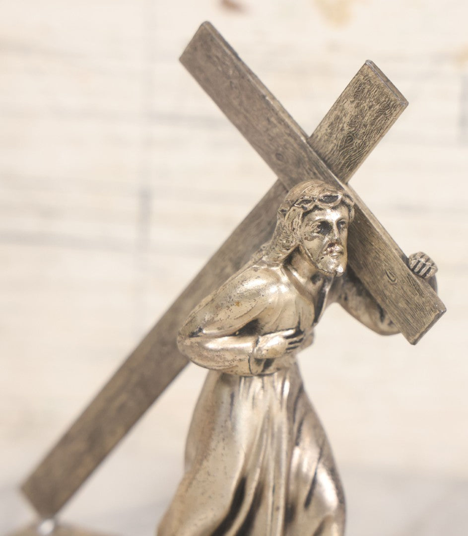 Lot 009 - Antique Devotional Metal Statue Of Jesus Christ Bearing The Cross With Silver Finish, Marked "Made In France," No. 2251, 5-5/8" Height